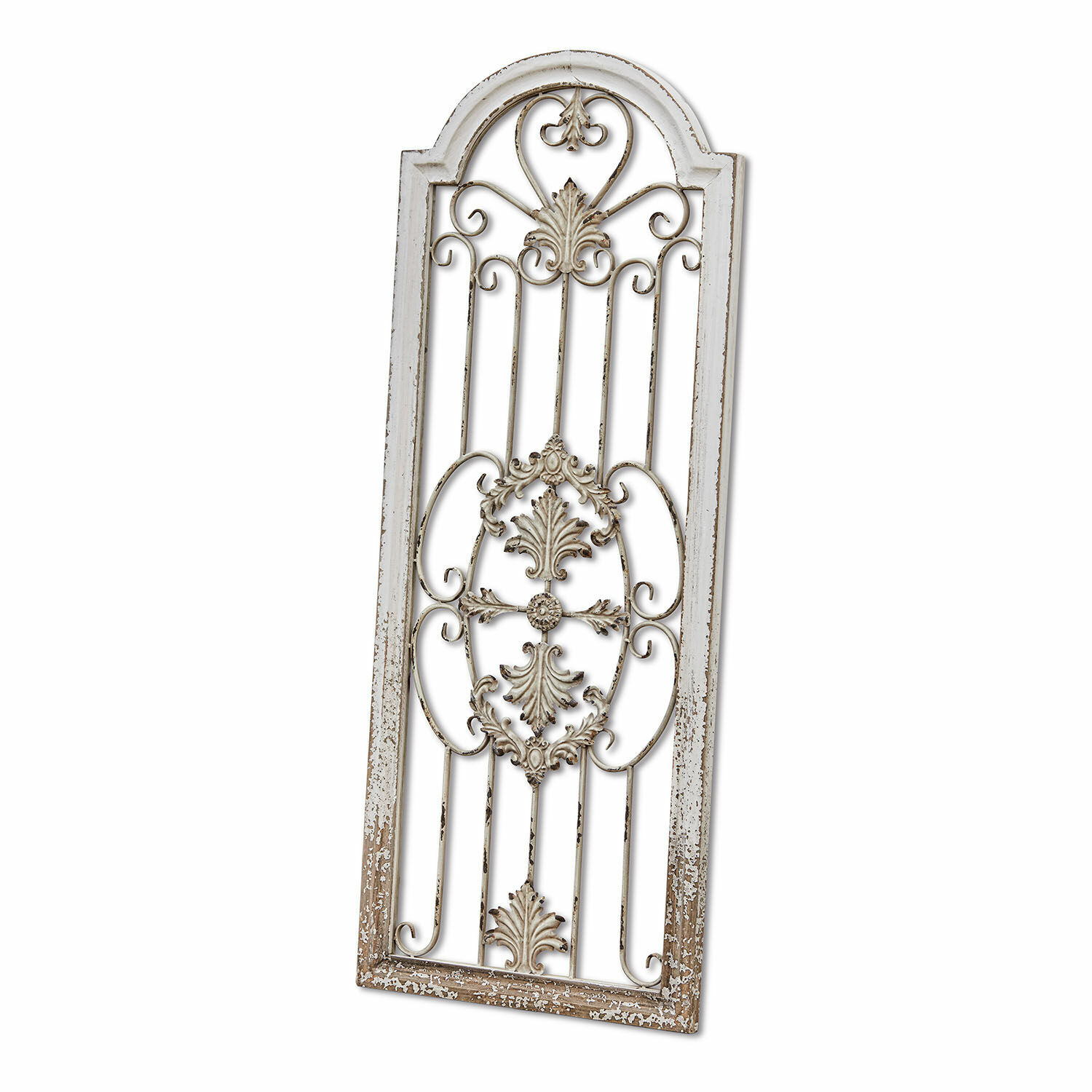 Ventana decorativa Hallencourt Reja decorativa de metal envejecido en blanco estilo vintage para interiores y jardines