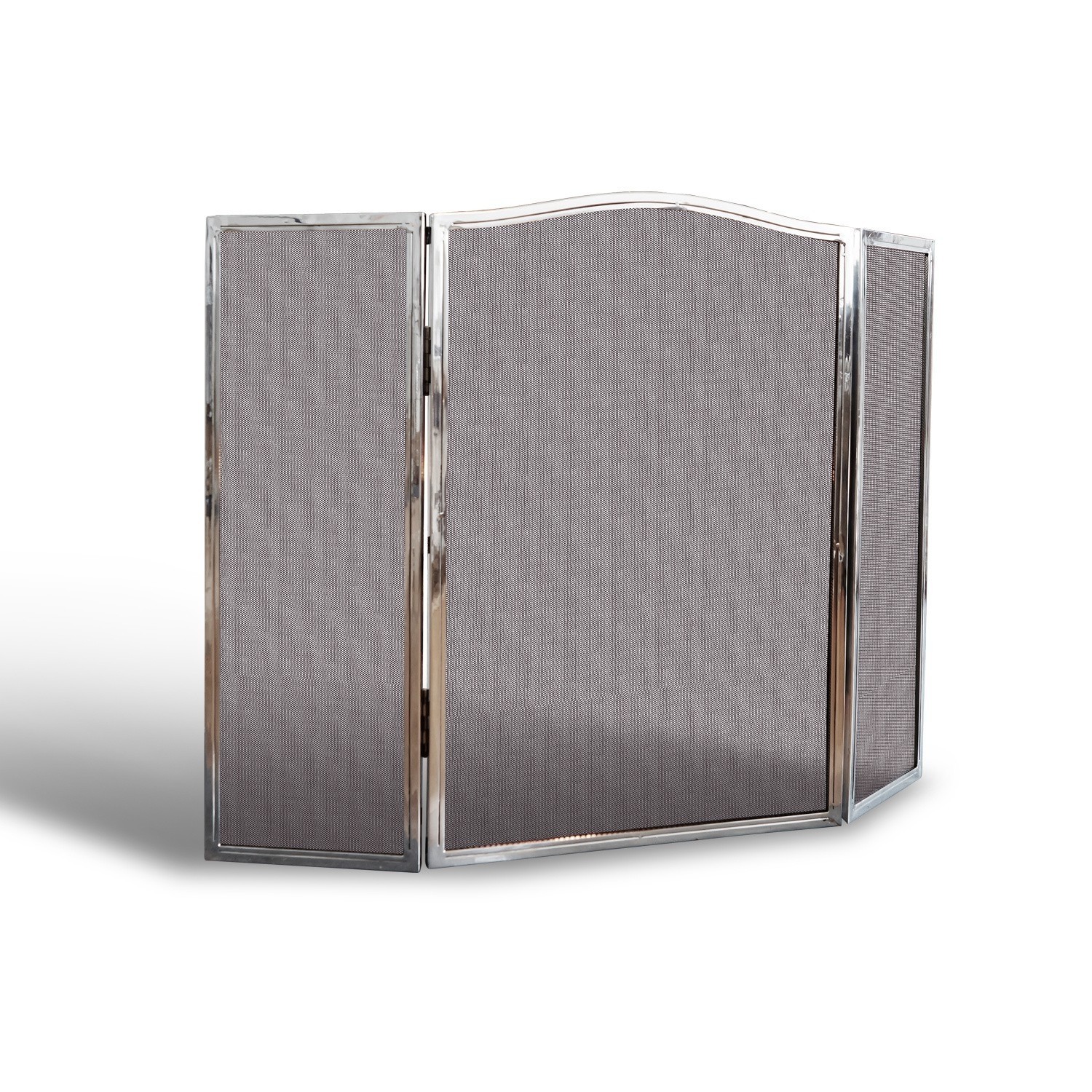 Protector de chimenea Lennon de tres paneles en acero plateado con malla protectora fina