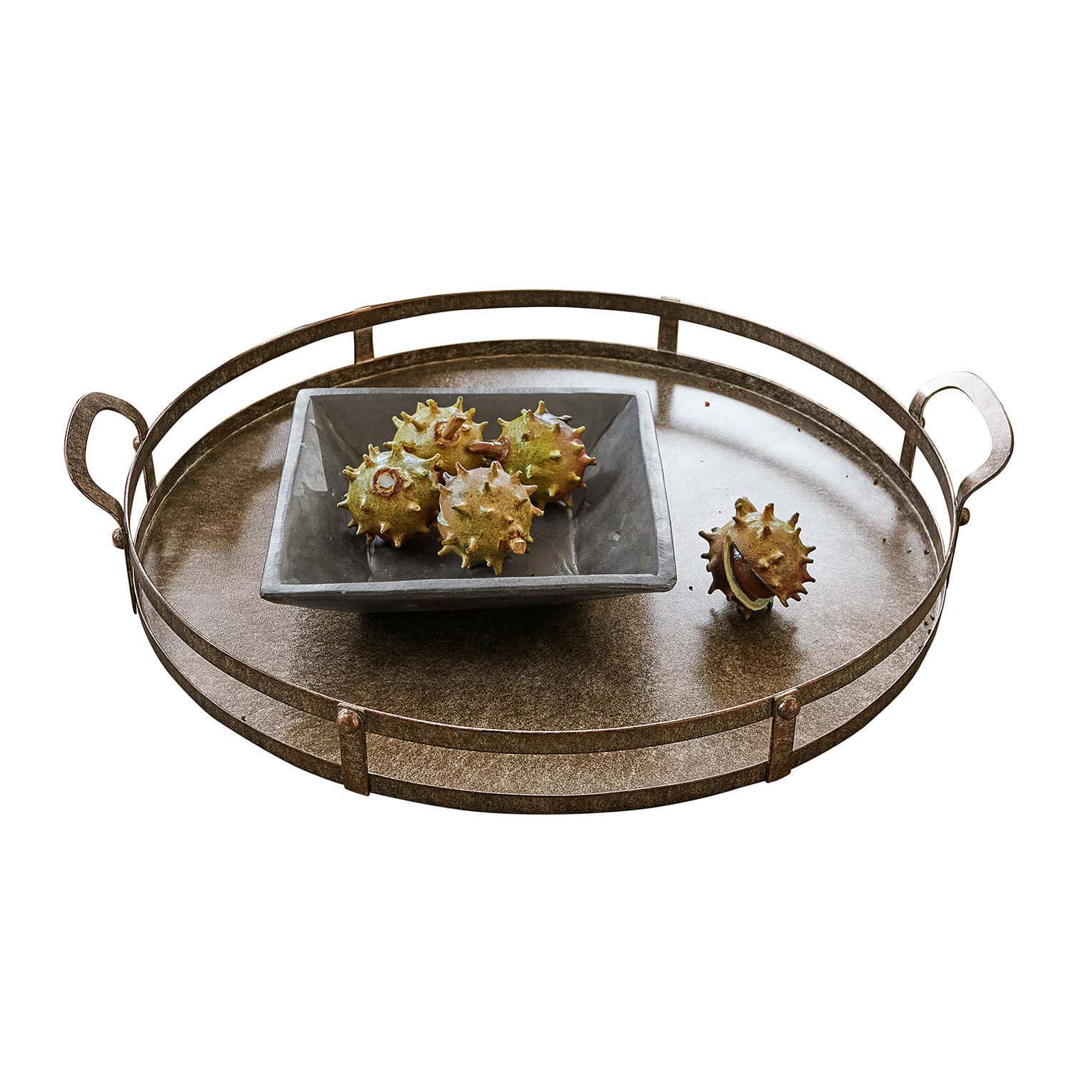Bandeja Aquivar Bandeja redonda de metal marrón con asas y cuenco de cerámica con castañas decorativas