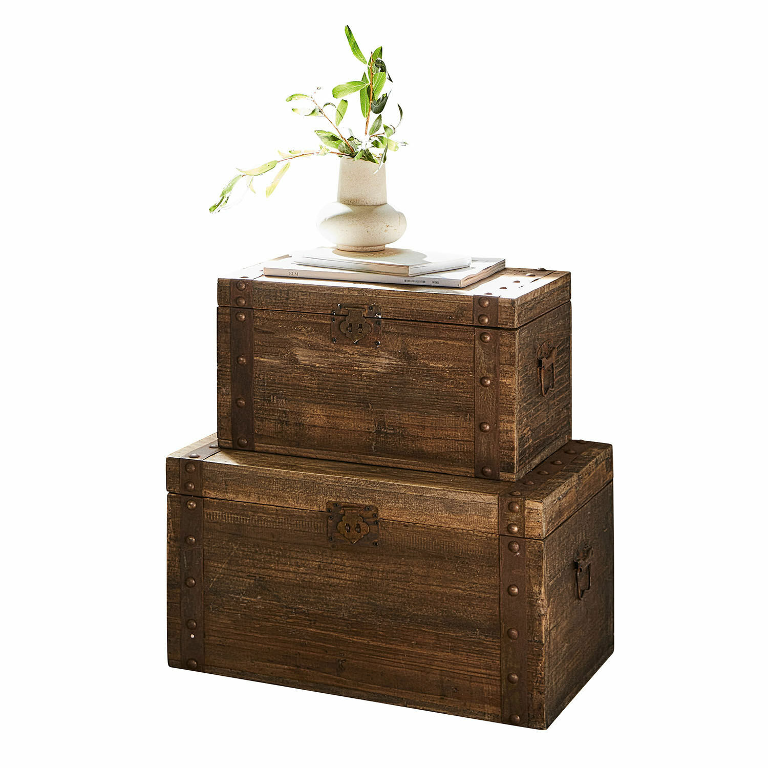 Set de 2 baúles Pratt Cajas de madera marrón con herrajes metálicos para almacenamiento y decoración rústica