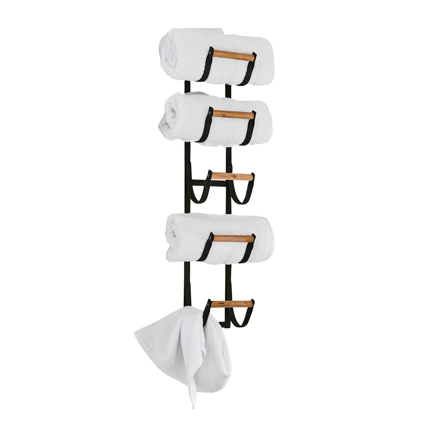 Organizador de pared Utica Toallero de pared negro de metal con barras de madera y toallas blancas para baño