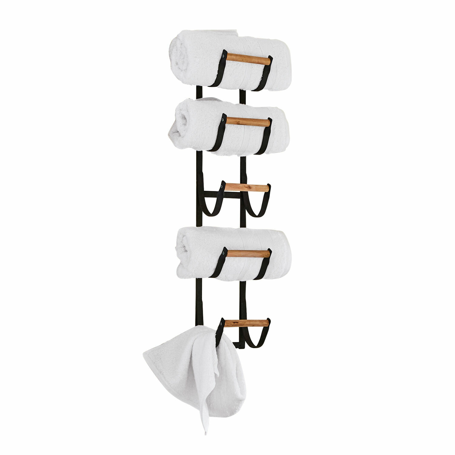 Organizador de pared Utica Toallero de pared negro de metal con barras de madera y toallas blancas para baño