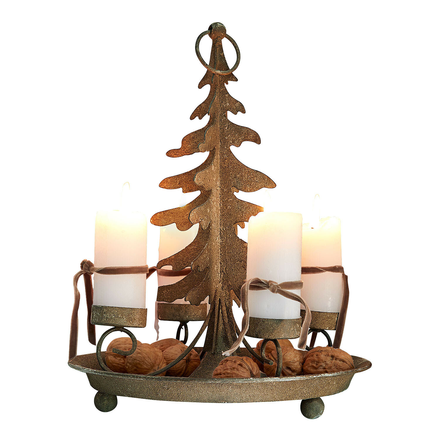 Portavelas Lunvik Candelabro metálico en forma de árbol con cuatro velas blancas y nueces decorativas