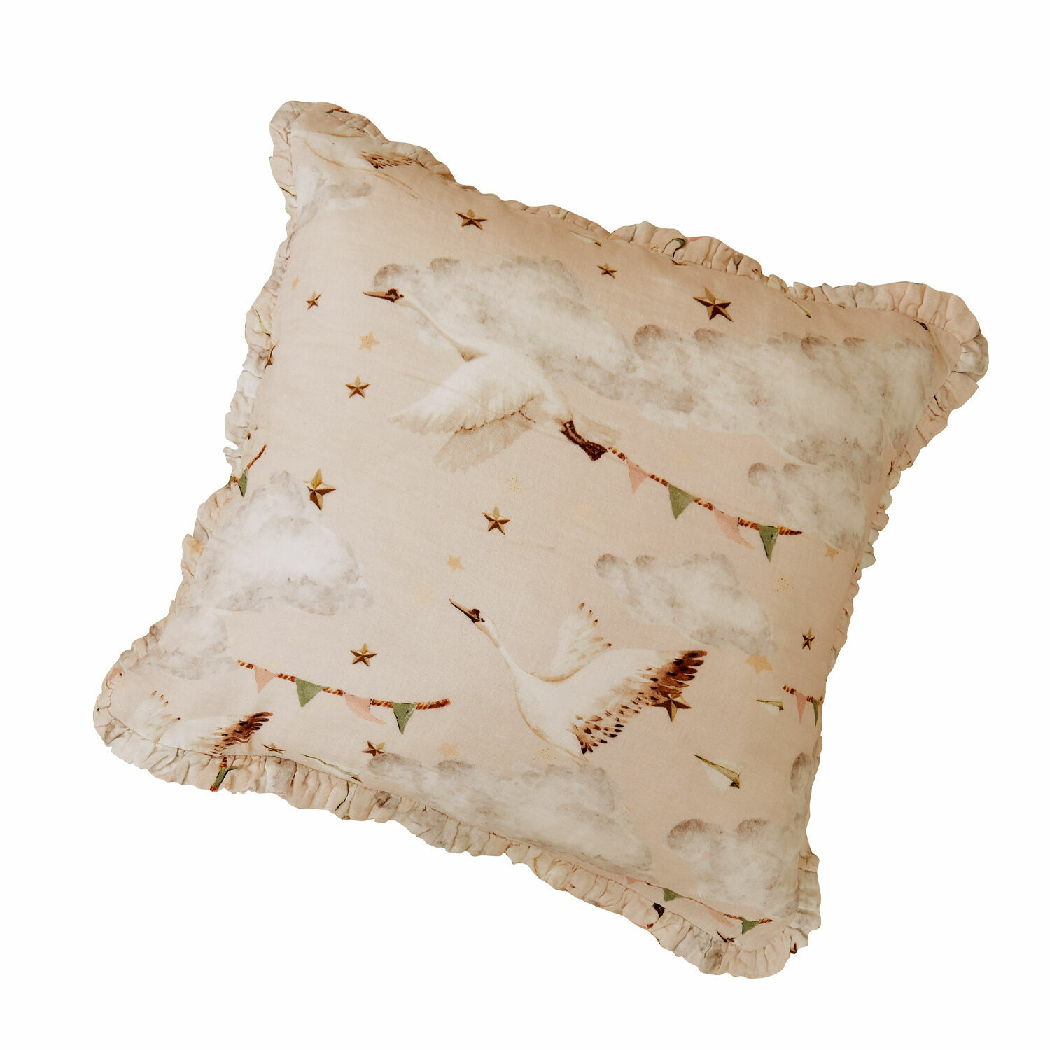 Funda de cojín Bellise Cojín beige de algodón con estampado de pájaros volando y estrellas, decoración suave