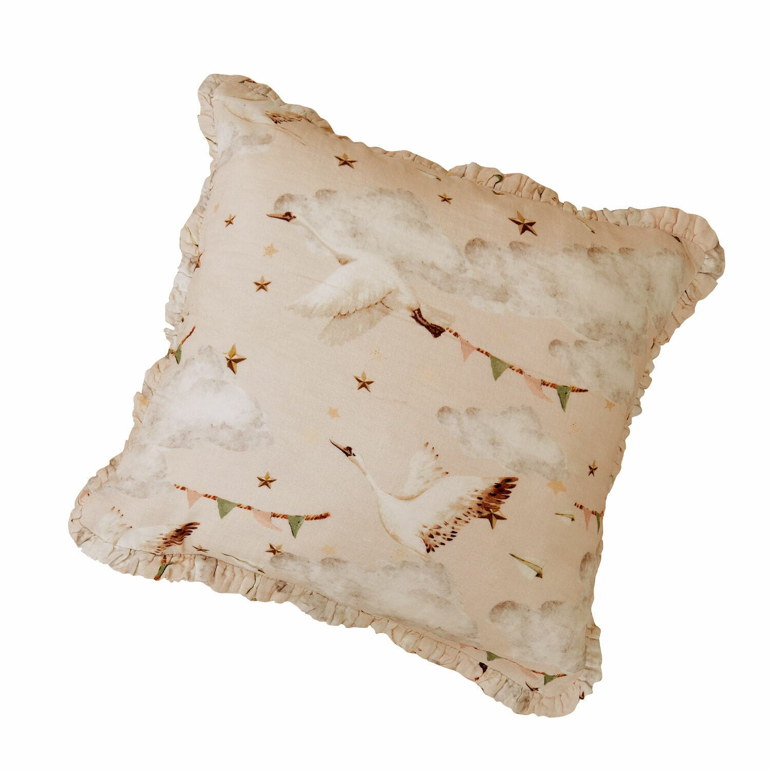 Funda de cojín Bellise Cojín beige de algodón con estampado de pájaros volando y estrellas, decoración suave