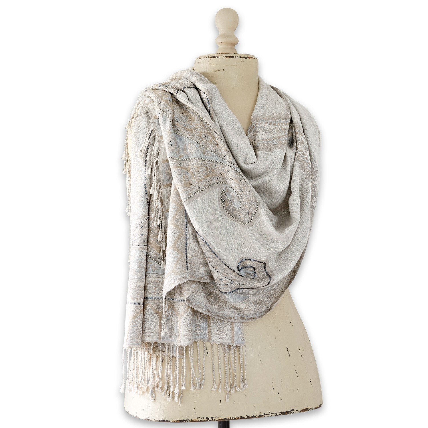 Chal Moyra Chal beige con diseño y flecos de material suave, accesorio de moda para días frescos