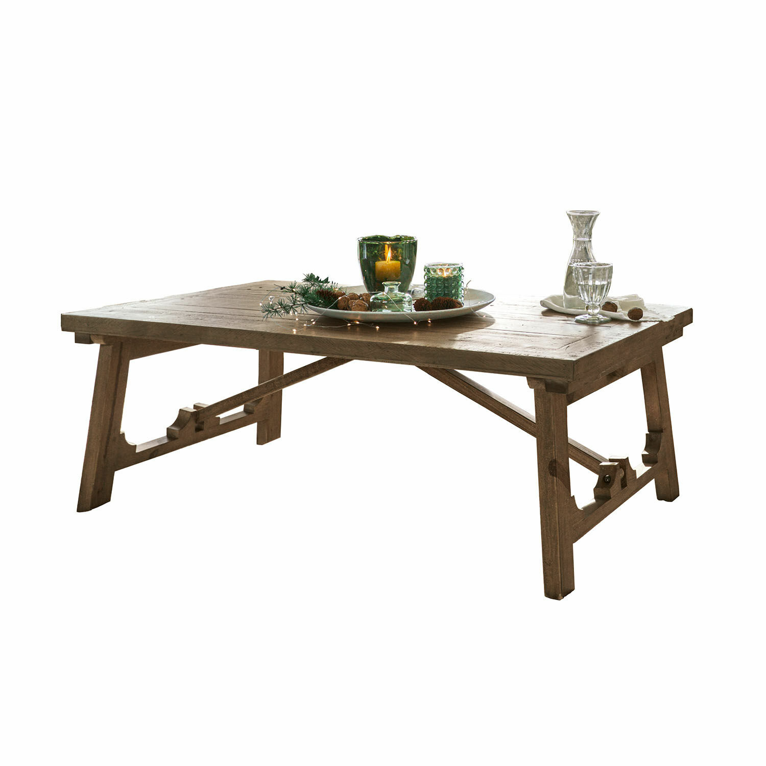 Mesa de centro Flemming Mesa de centro rústica de madera natural con bandeja decorativa y vela encendida