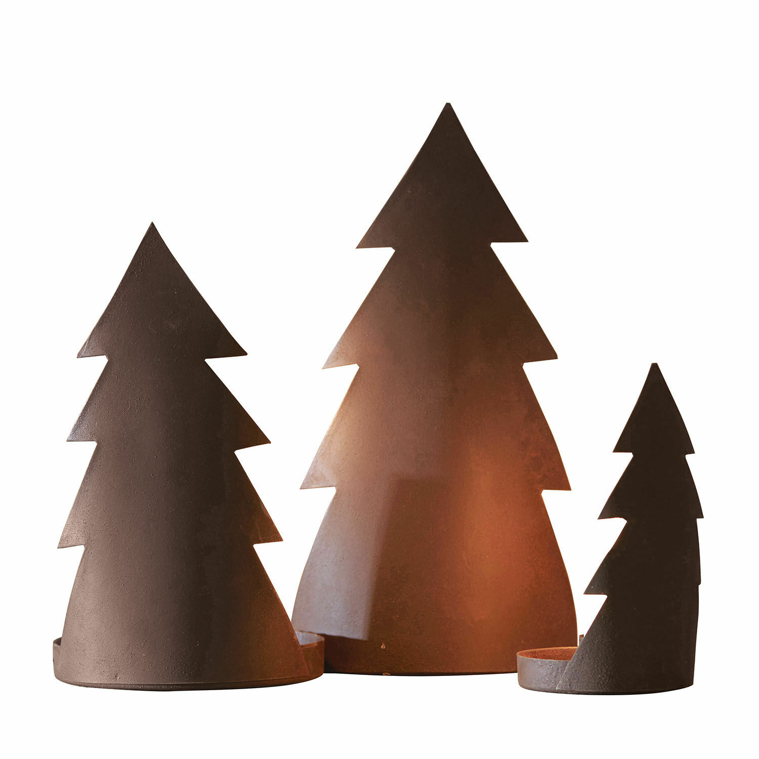 Juego de 3 candelabros Ageville Conjunto de tres portavelas metálicos en forma de árbol con acabado oxidado para decoración navideña