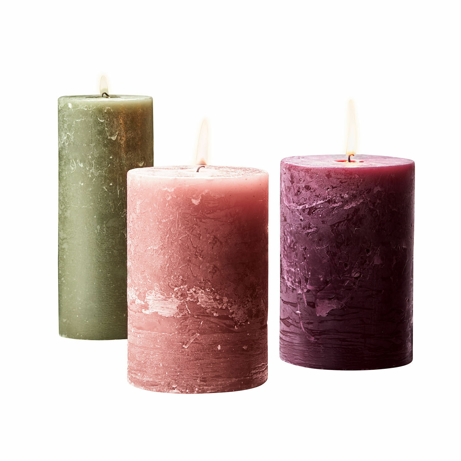 Set de 3 velas Salis de cera natural en rosa, verde y burdeos para decoración acogedora