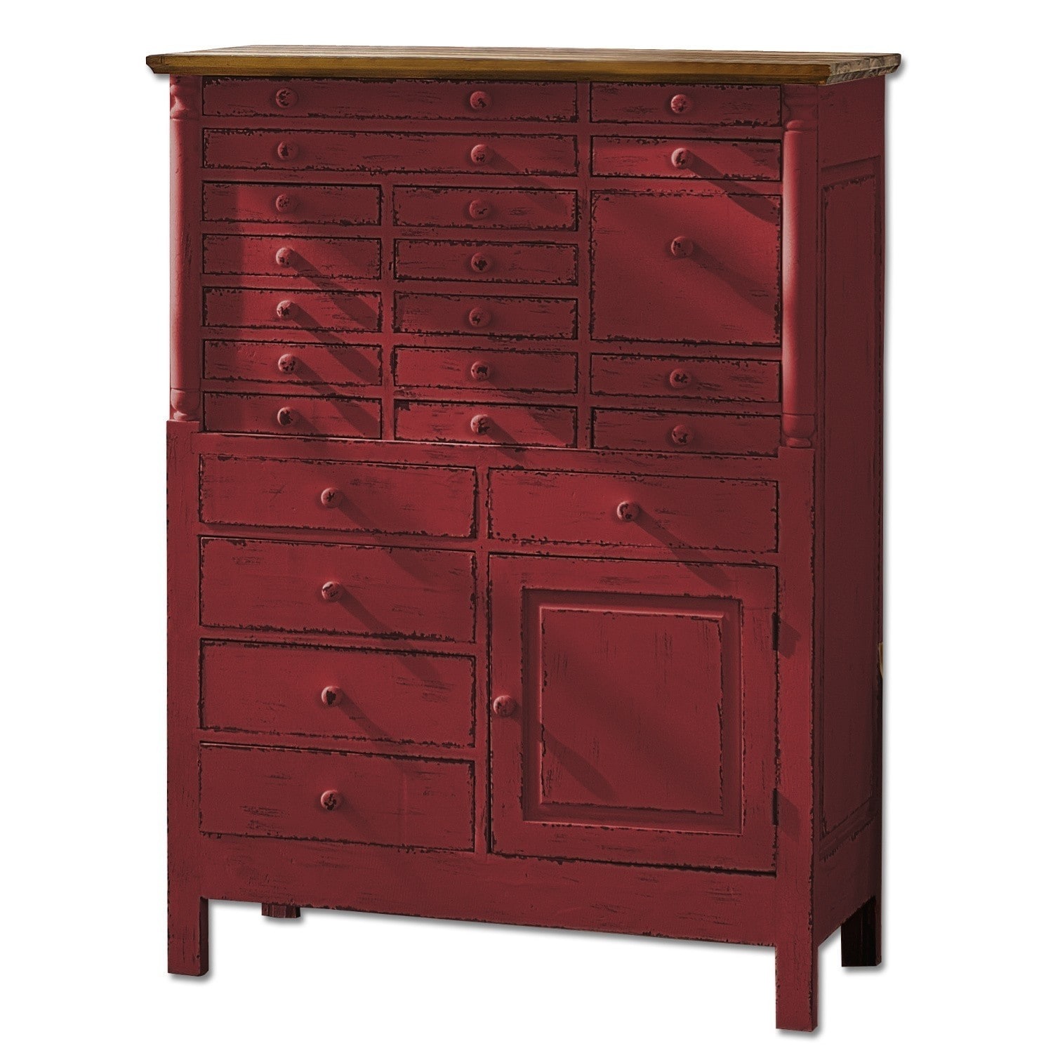 Cómoda Fairfield roja con múltiples cajones y tapa de madera, mueble de almacenamiento de madera
