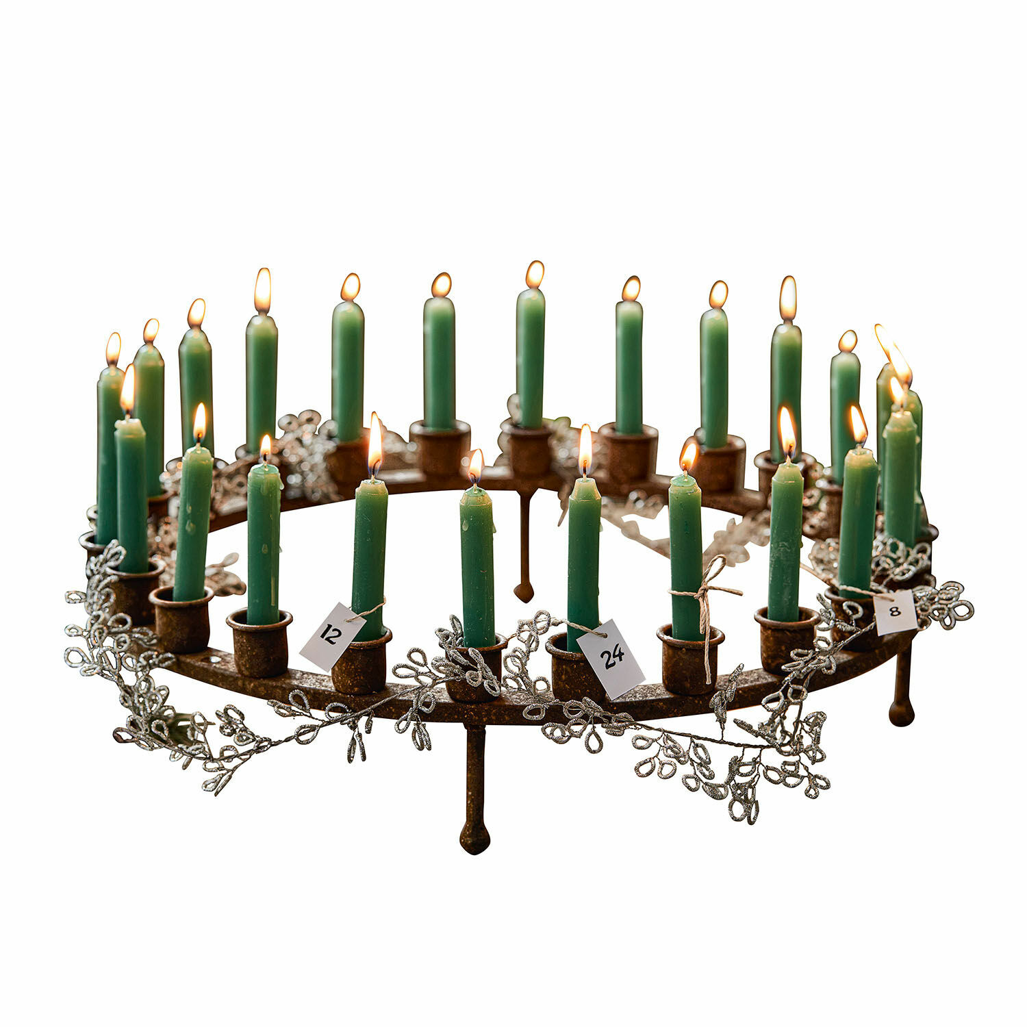 Corona de velas Margarit Corona de Adviento de metal con velas verdes y decoración de ramas plateadas para Navidad