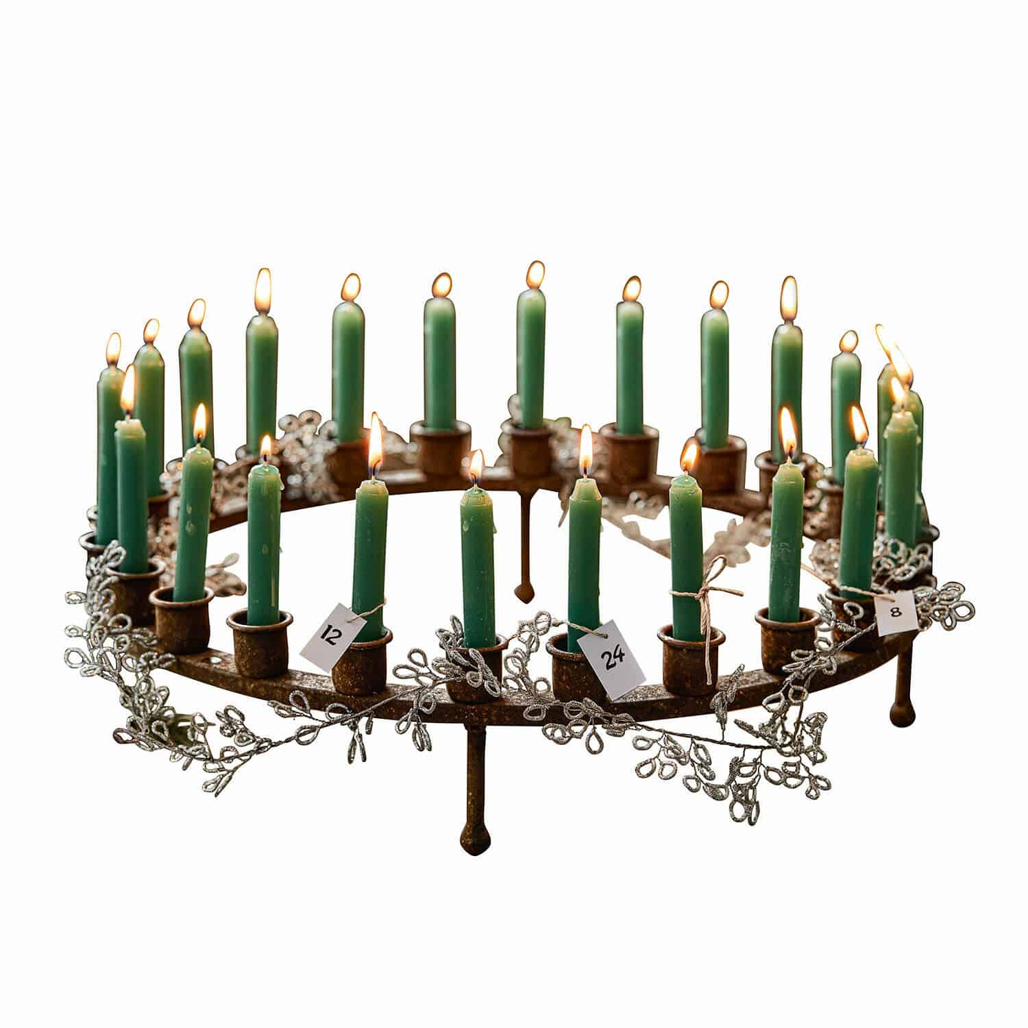 Corona de velas Margarit Corona de Adviento de metal con velas verdes y decoración de ramas plateadas para Navidad