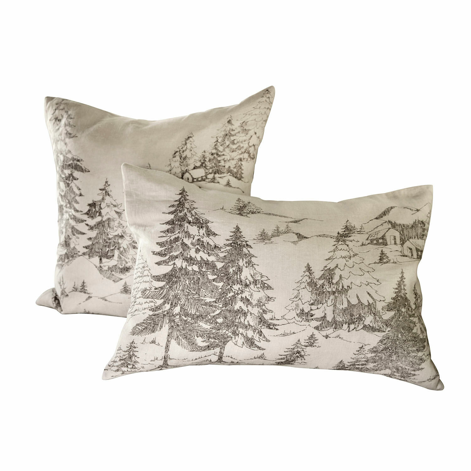Set de 2 fundas de cojín Fabrielle Juego de dos cojines de lino beige con estampado de paisaje forestal, cojines decorativos para sala
