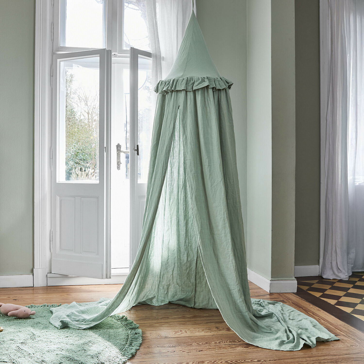 Dosel verde menta de lino para habitación infantil, tela ligera decorativa, ambiente acogedor