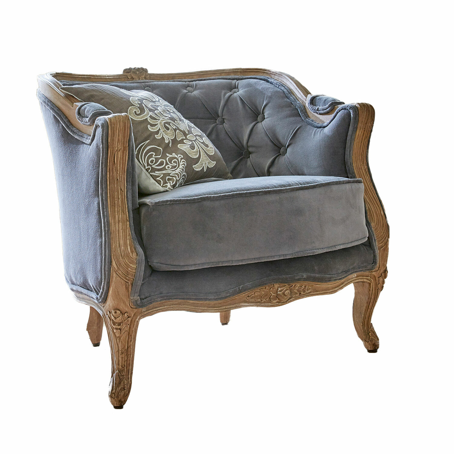 Sillón Annezay Sillón vintage con tapicería de terciopelo gris y marco de madera tallada para salón elegante