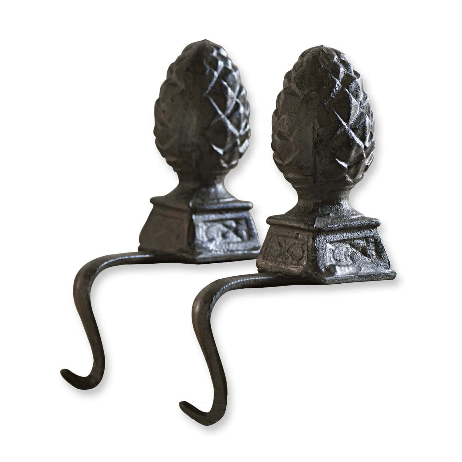 Set de 2 ganchos de hierro Lucielle Par de ganchos para chimenea de hierro fundido negro con diseño de piña decorativa