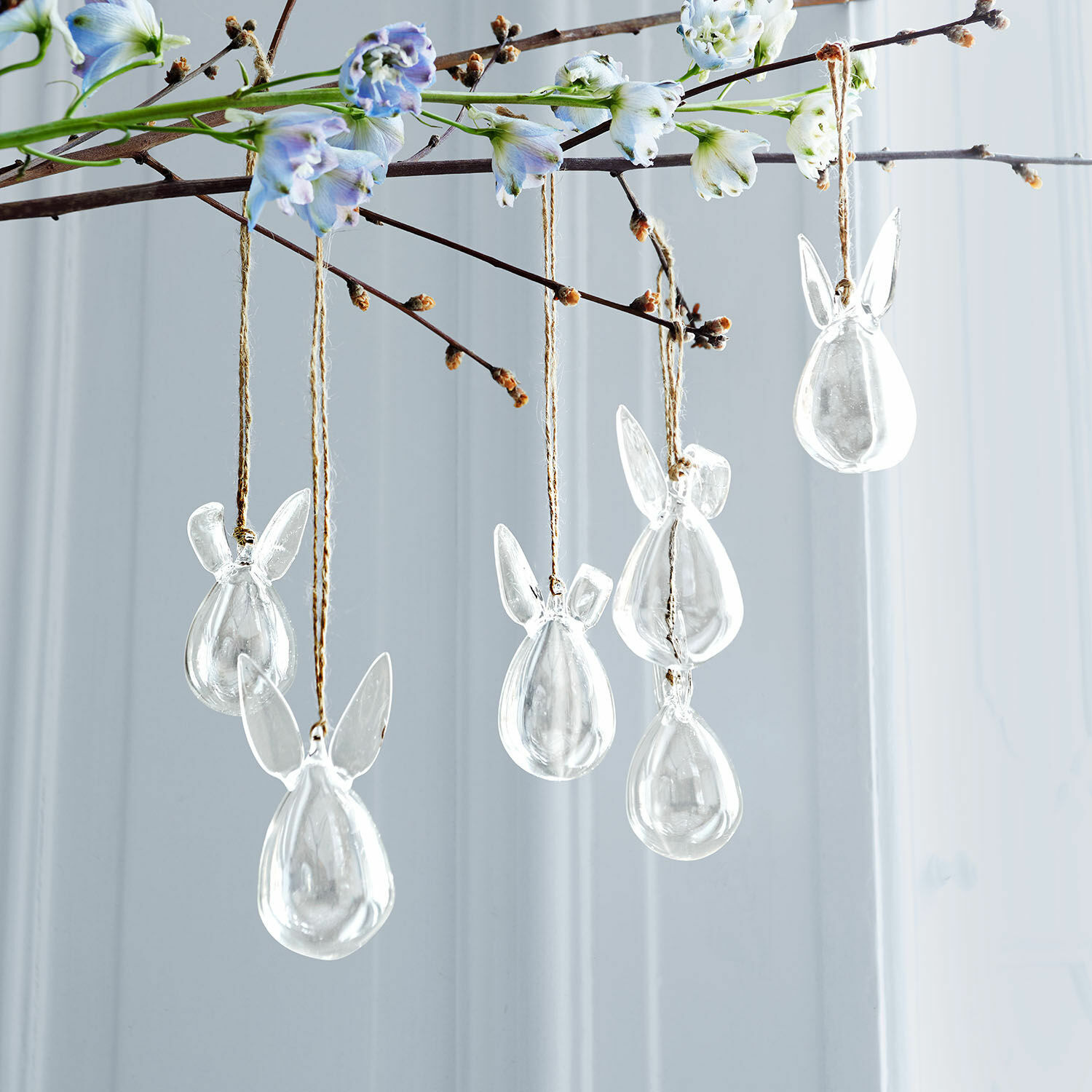 Set de 6 colgantes Suva Colgantes de vidrio transparente con forma de cabeza de conejo en cuerda, decoración primaveral