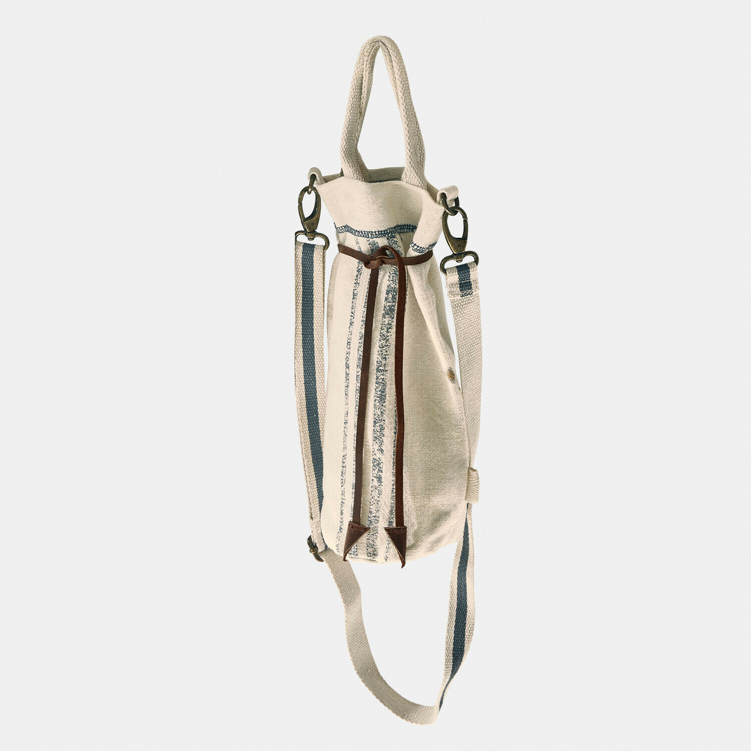 Bolsa portabotellas Pawera Bolsa beige de tela con rayas azules y correa marrón, mochila práctica para uso diario
