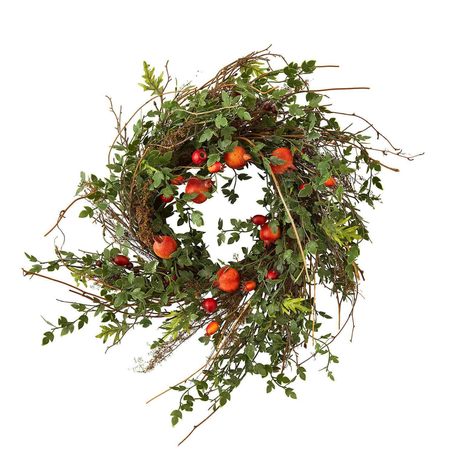 Corona Karidah Corona decorativa con ramas, hojas verdes y frutos rojos para decoración otoñal del hogar
