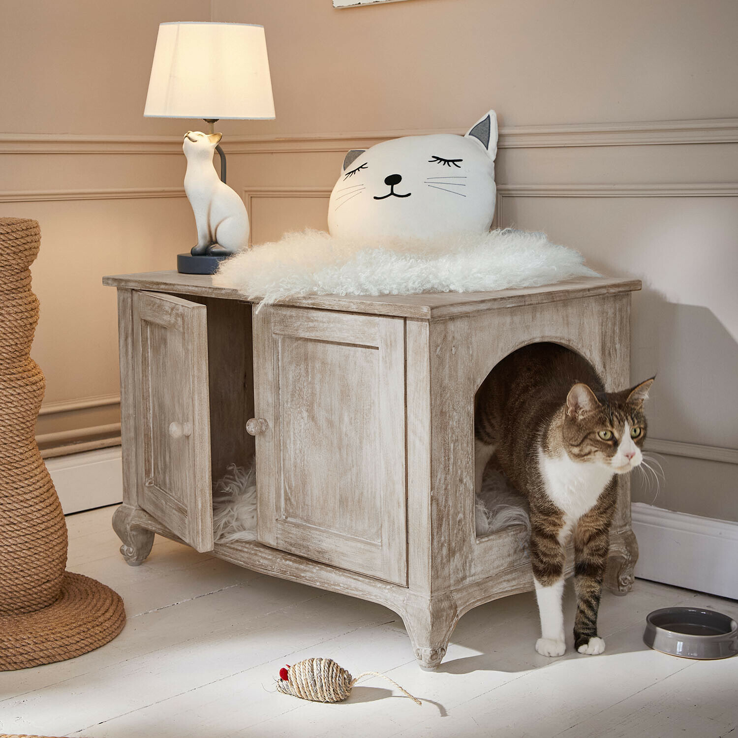 Casa para gatos Éloresa Mueble gris de madera para gatos con cojín suave y lámpara de gato en interior acogedor