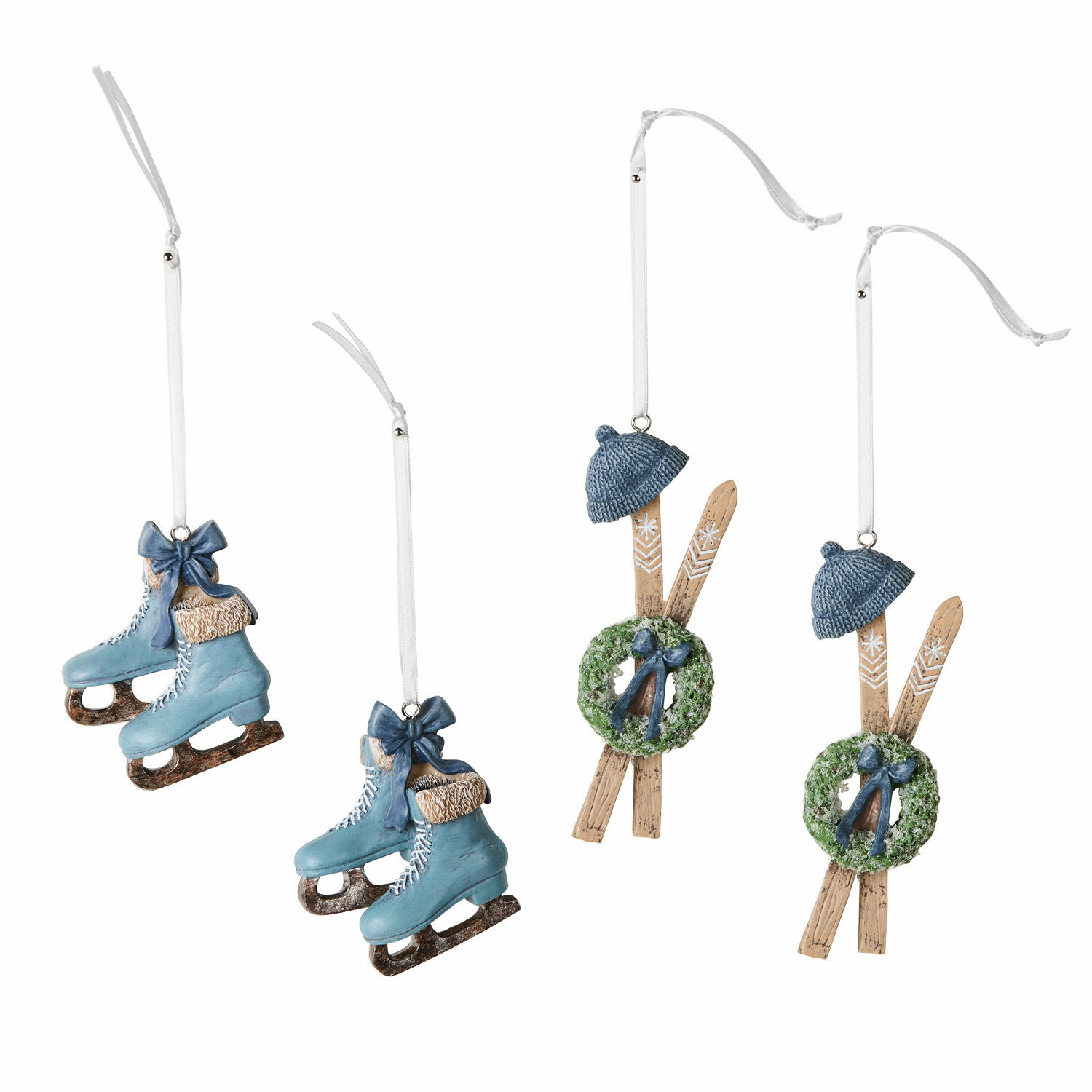 Set de 4 adornos azules de plástico: patines y esquís con corona para árbol de Navidad
