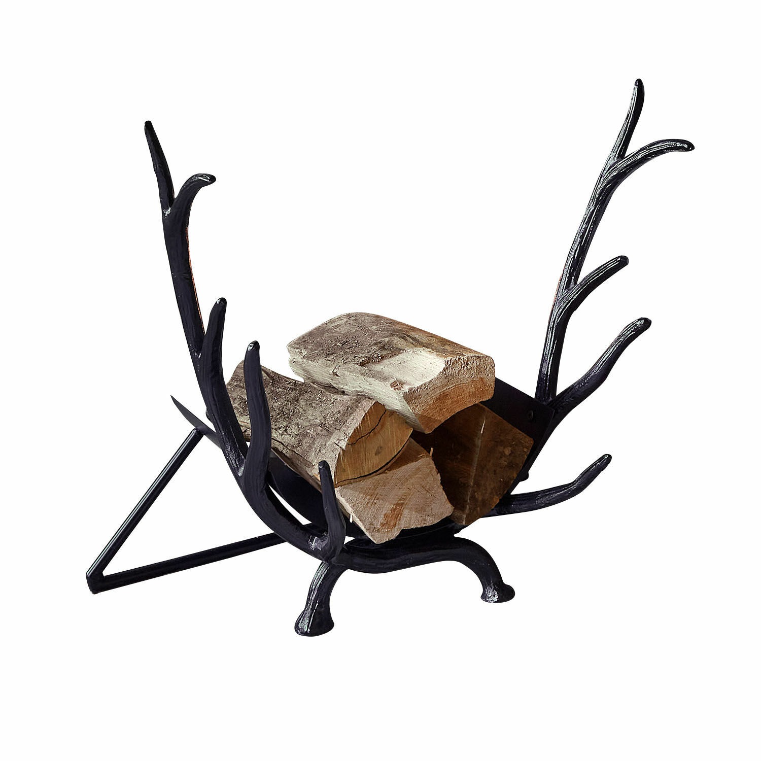 Soporte para leña Soreva Soporte de leña metálico negro con forma de cuernos de ciervo con troncos de madera