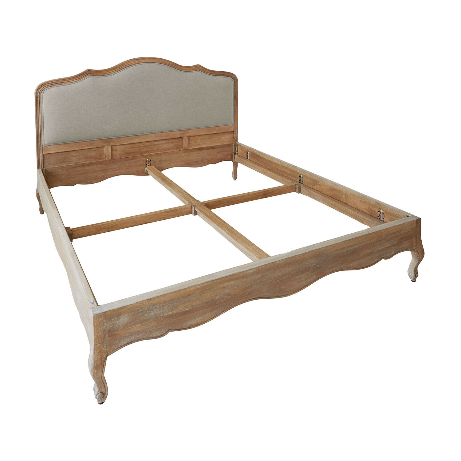 Cama Serravalle Cama de madera con cabecero tapizado gris y patas decorativas estilo vintage