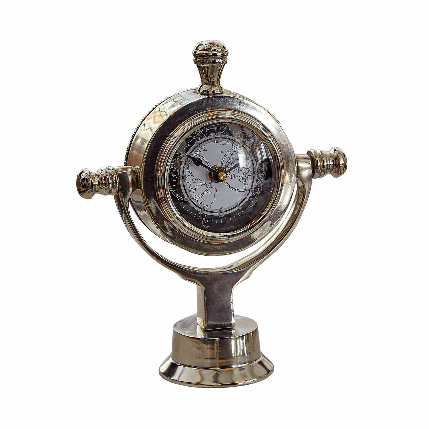 Reloj Iskora Reloj de mesa metálico plateado con mapa mundial, decoración elegante para oficina y hogar