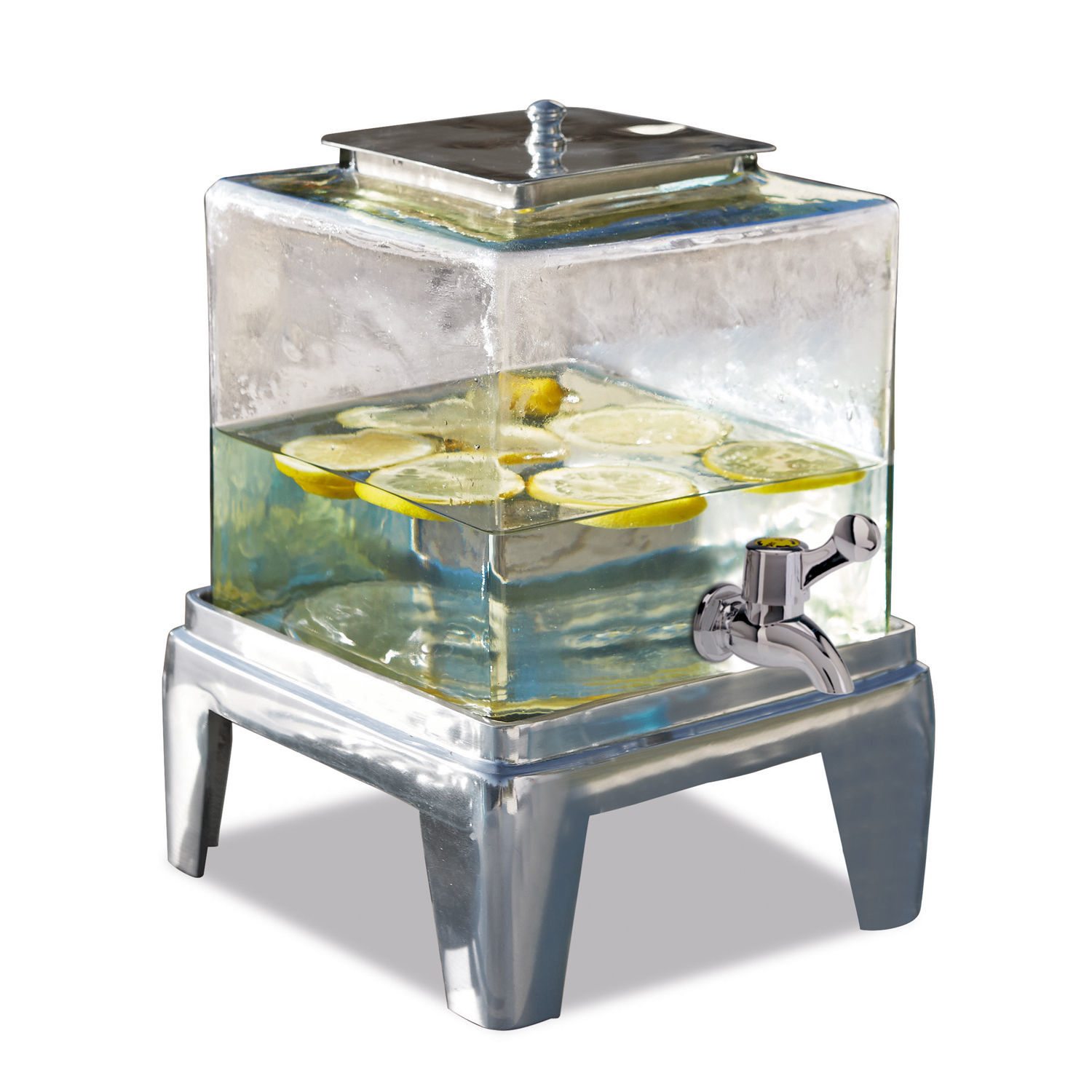Dispensador de bebidas Osric Dispensador de bebidas de vidrio con base metálica y grifo, agua con rodajas de limón