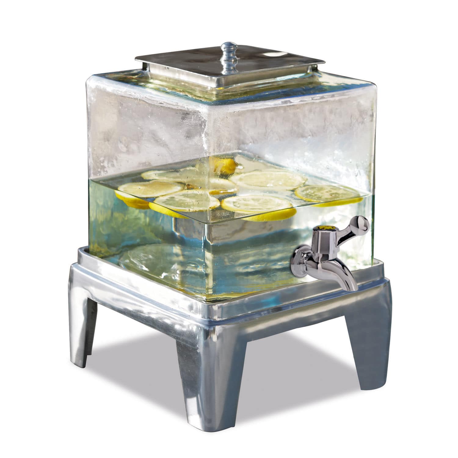Dispensador de bebidas Osric Dispensador de bebidas de vidrio con base metálica y grifo, agua con rodajas de limón