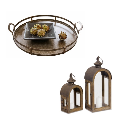 Bandeja de metal y dos faroles vintage marrones para decoración rústica de interiores