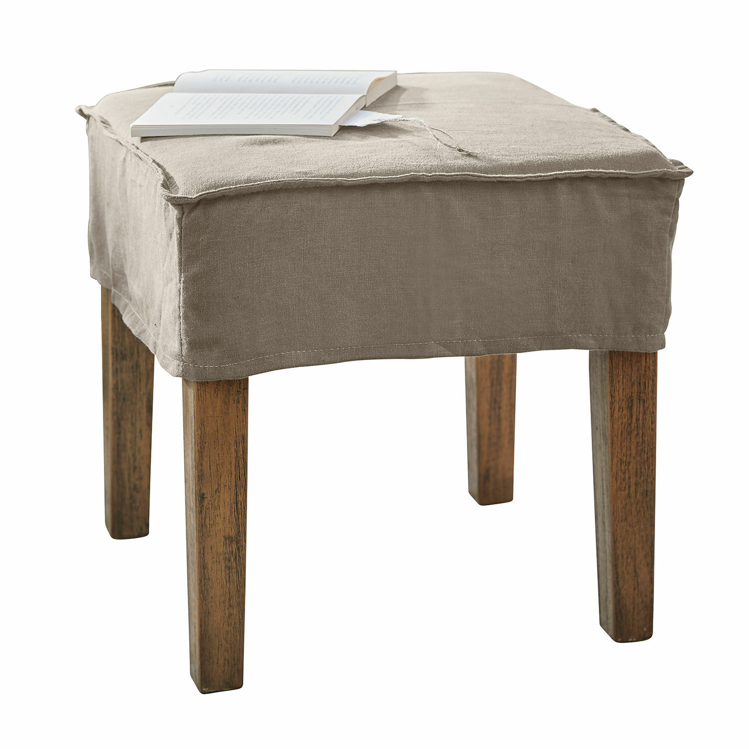 Taburete Vionnique Taburete beige con funda de lino y patas de madera, mueble auxiliar para salón o dormitorio