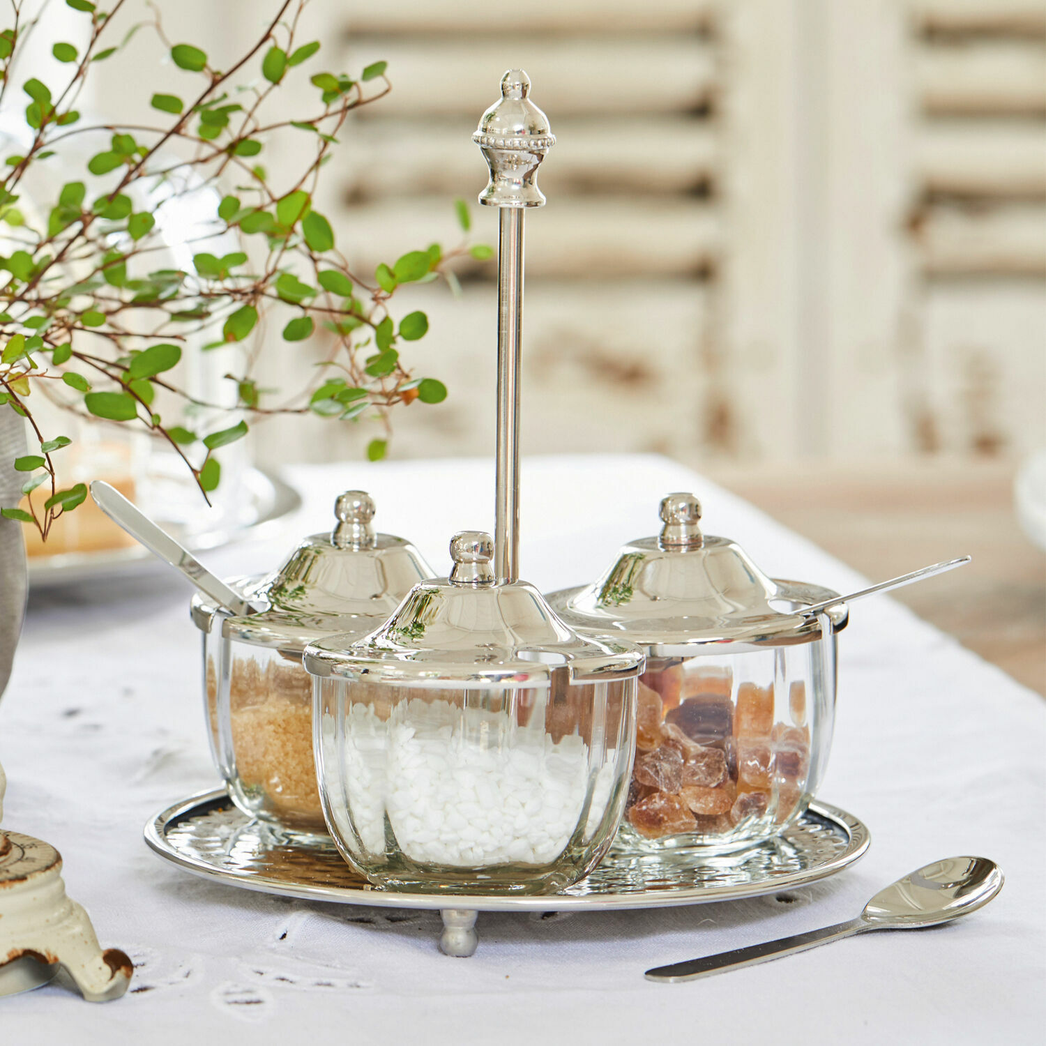 Set de 3 tarros Julius Juego de recipientes de vidrio para azúcar con tapas metálicas y bandeja para mesa de cocina