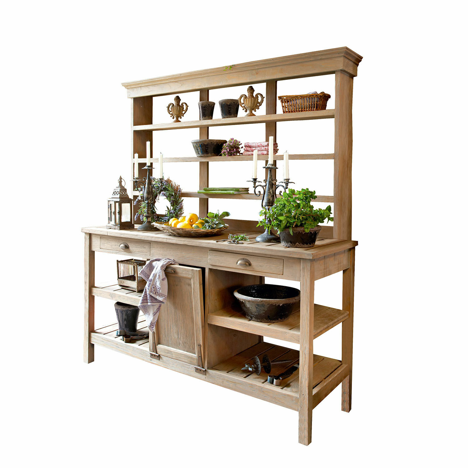 Armario de jardín Fallon Aparador de madera natural con estantes y cajones para almacenamiento y decoración