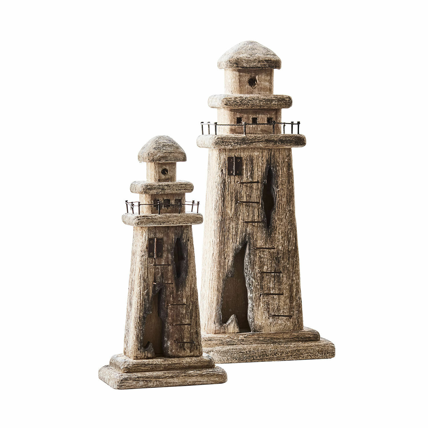 Set de 3 faros decorativos Bourgneuf Dos faros decorativos de madera marrón natural en dos tamaños, decoración para interiores y jardines