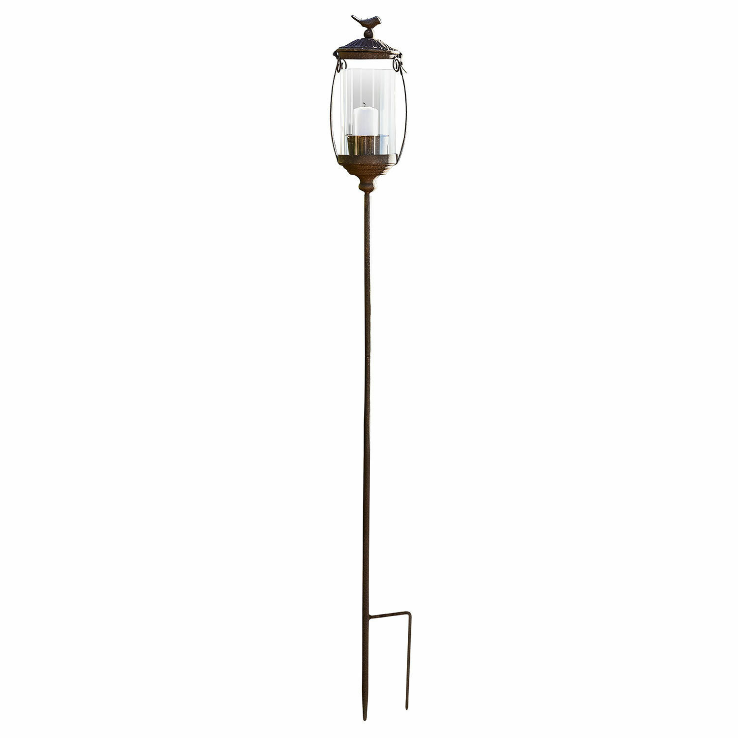 Farol Nexoril Lámpara de jardín decorativa de metal marrón con vidrio transparente y vela blanca, estaca para suelo