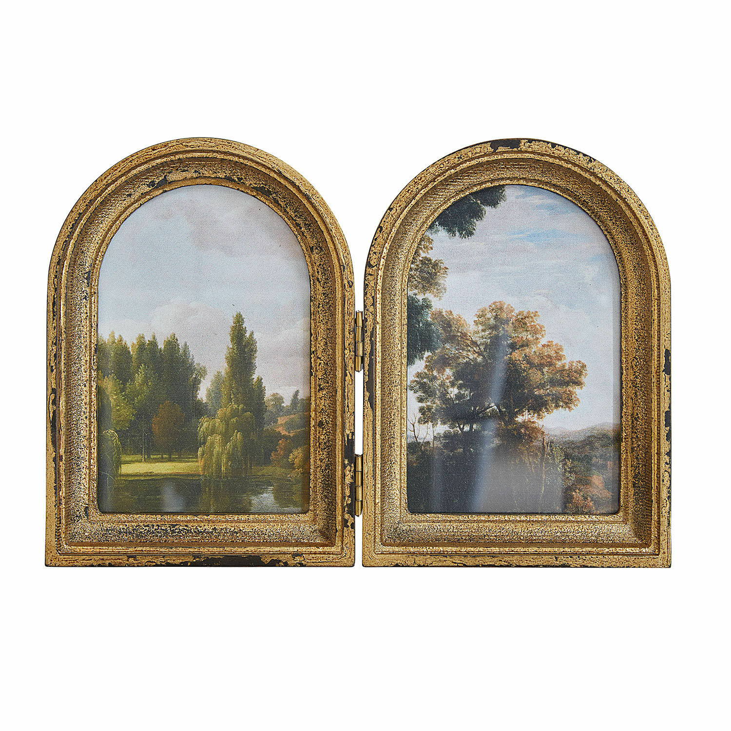 Marco Beaurain Marco doble de madera dorada envejecida con pinturas de paisajes y árboles verdes