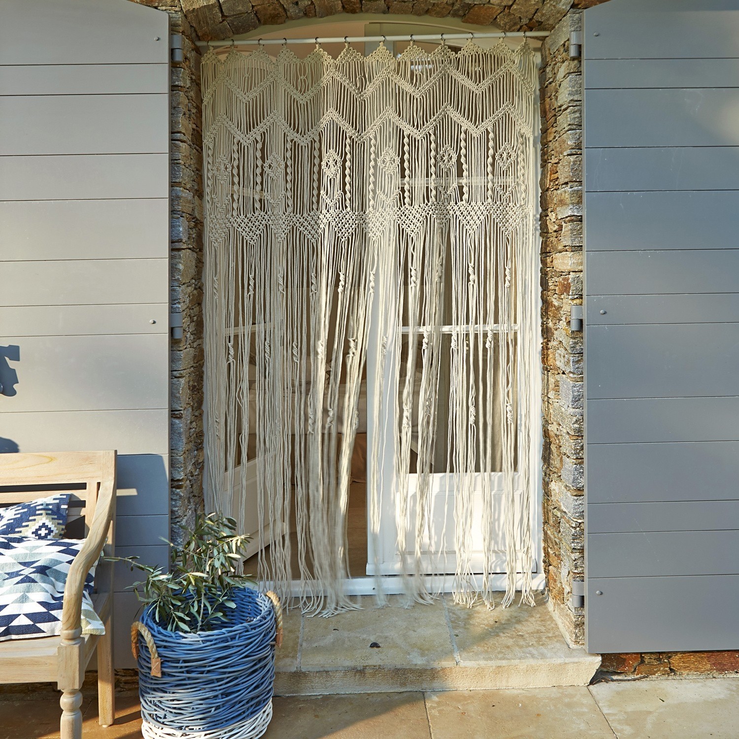 Cortina Jael Cortina de macramé beige de algodón, decoración interior y protección solar para puertas