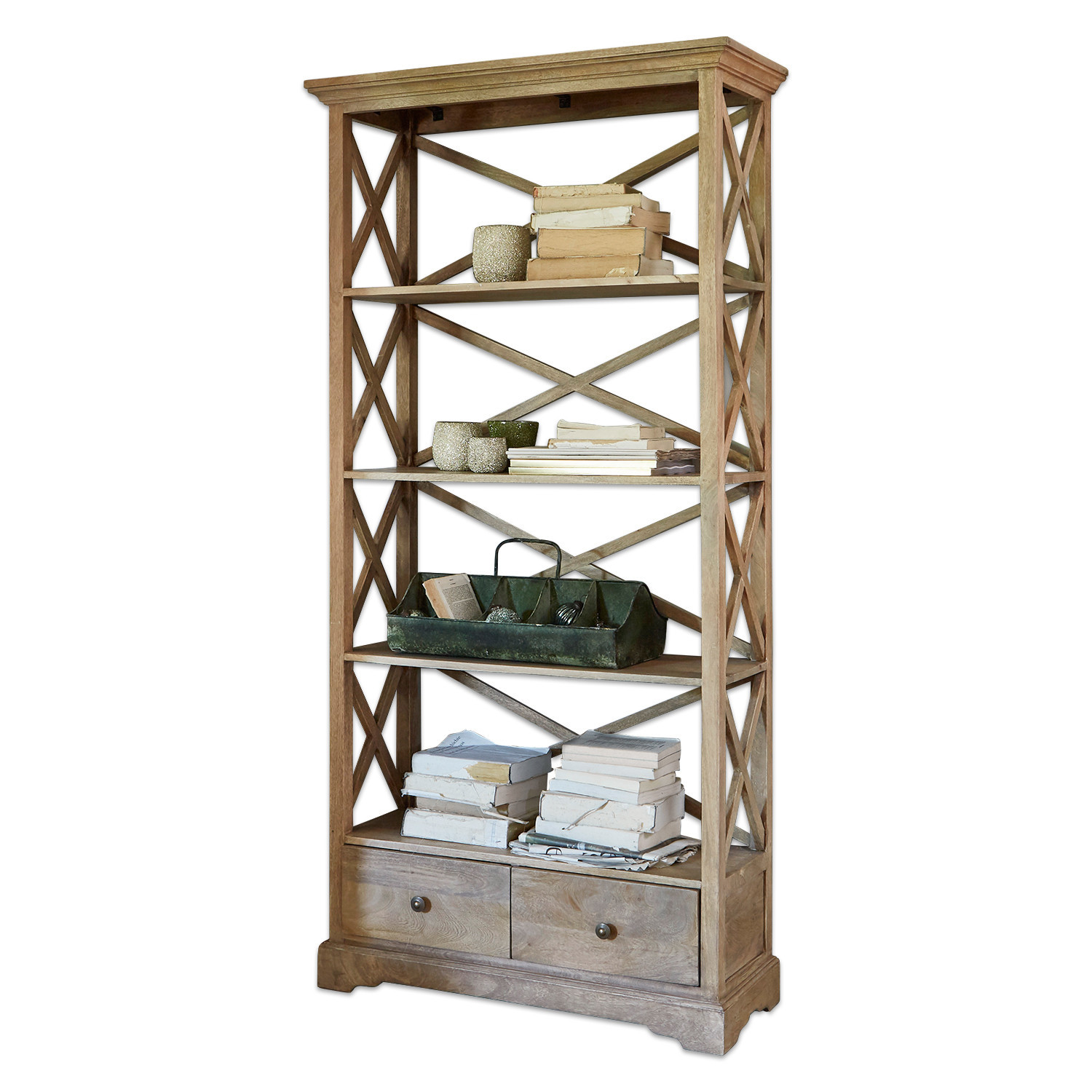 Estante Vélu Estantería de madera natural con cuatro baldas y dos cajones, mueble para libros y objetos decorativos