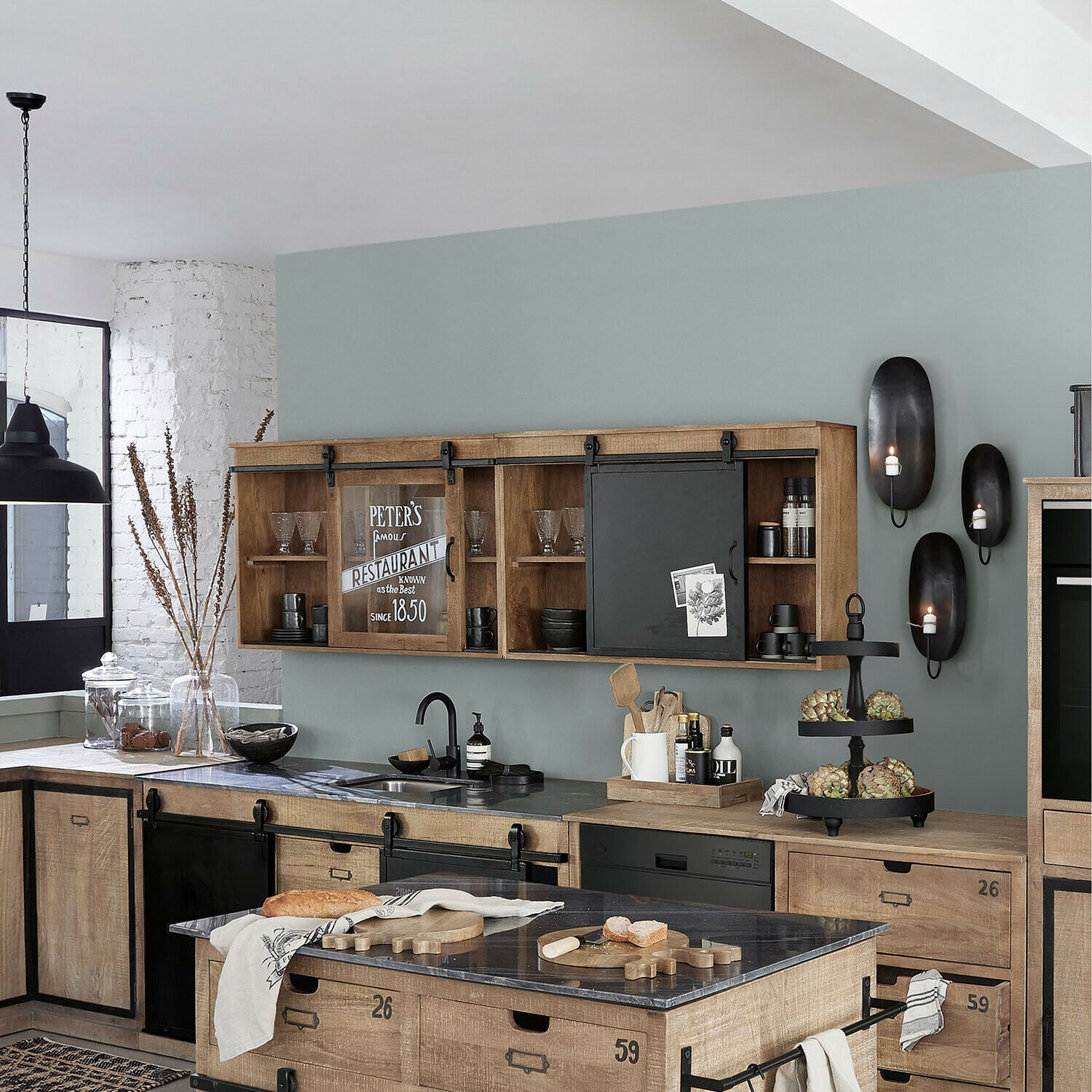 Set de 2 armarios de pared Oakland Armario de cocina de madera con puertas correderas de vidrio y metal estilo industrial