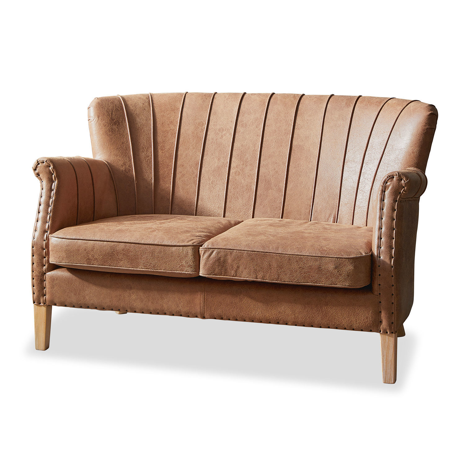 Sofá Brookfield Sofá de dos plazas en piel sintética marrón con costuras decorativas y patas de madera clara