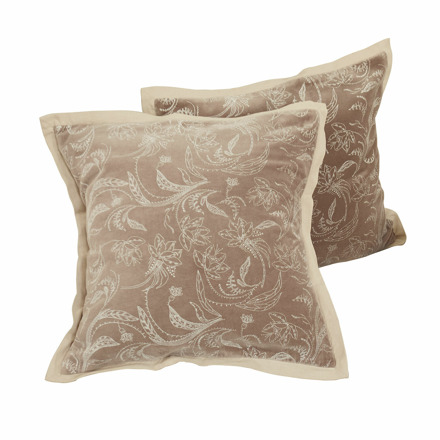 Set de 2 fundas de cojín Olicianne Juego de dos cojines decorativos beige de terciopelo con diseño floral elegante