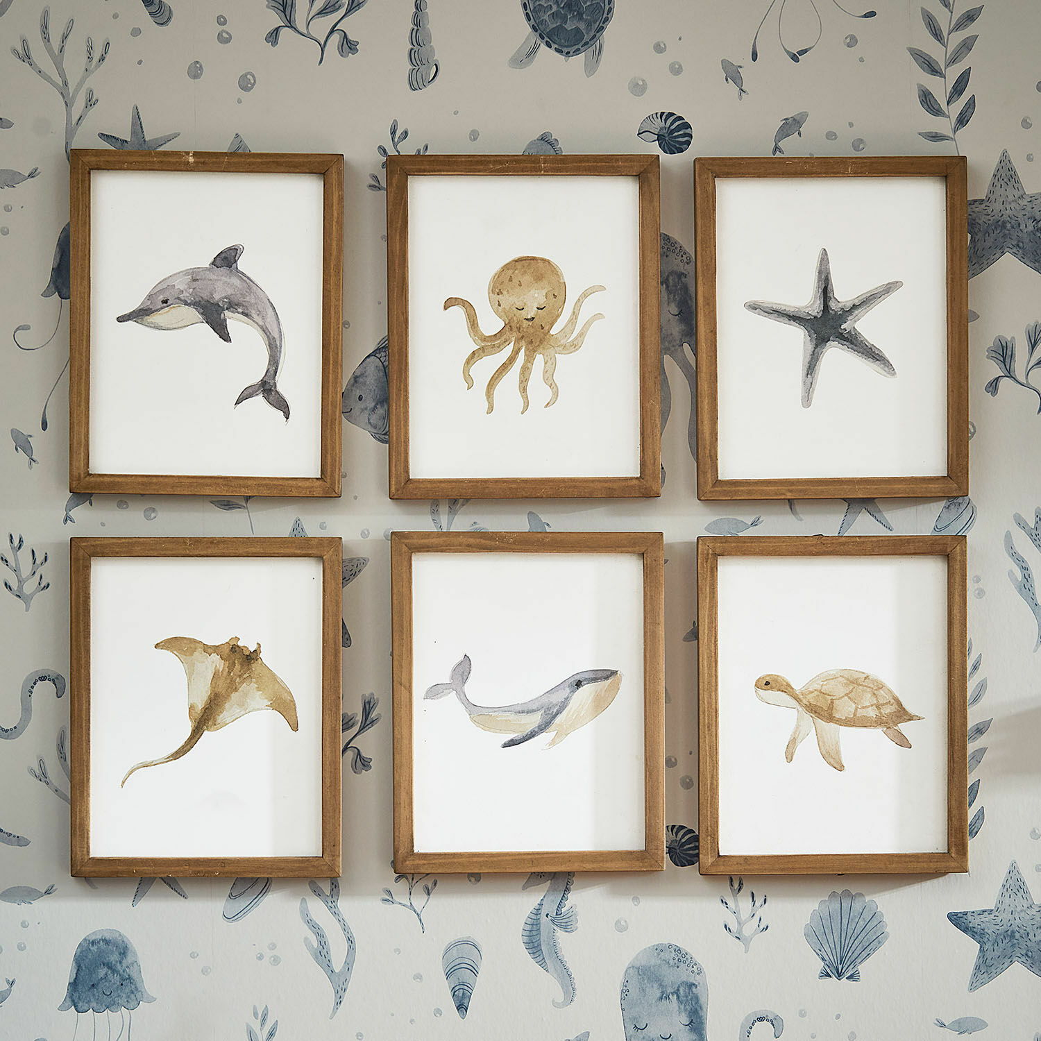 Juego de 6 cuadros de acuarela Nibblu Conjunto de seis marcos de madera con pinturas en acuarela de animales marinos en pared con motivo oceánico