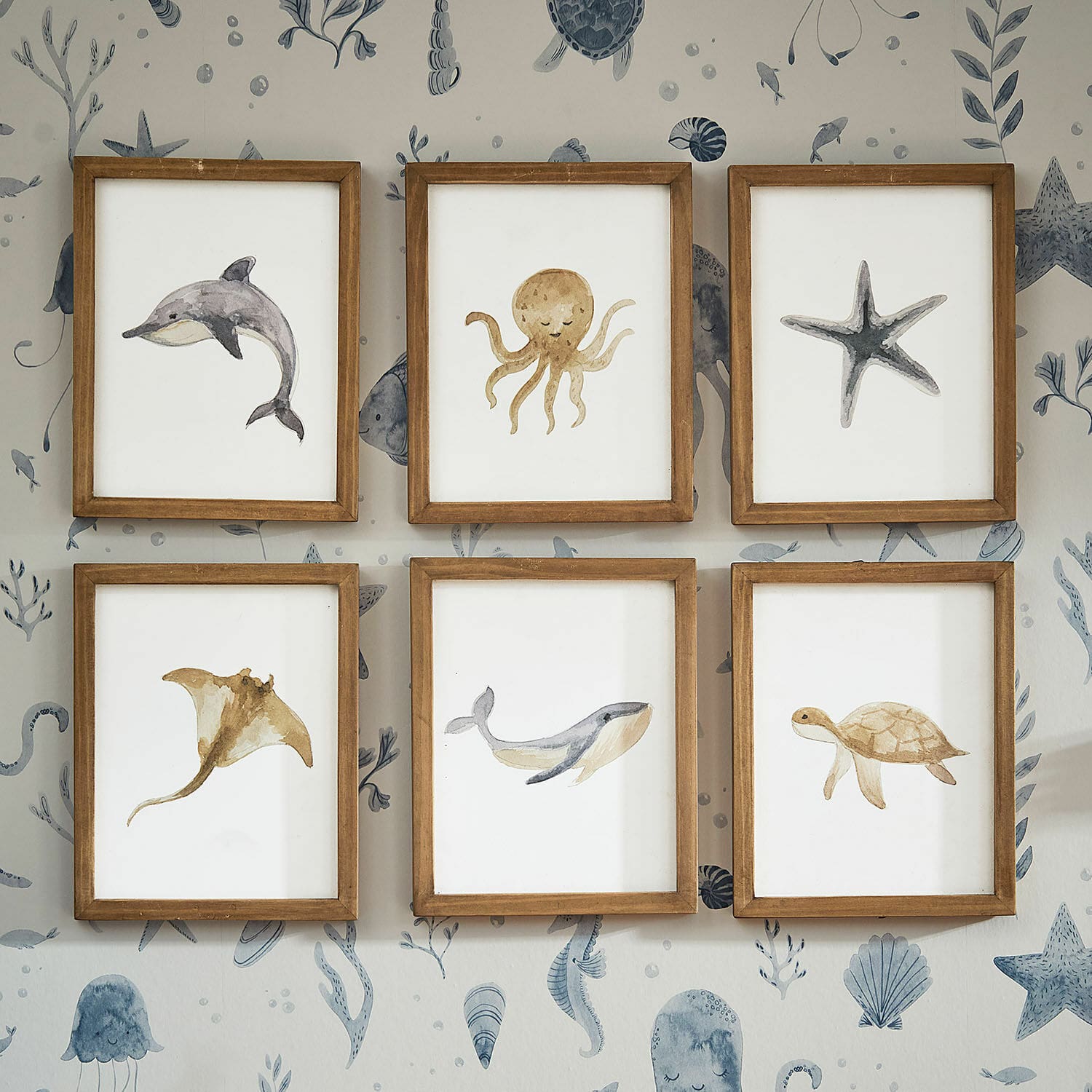 Juego de 6 cuadros de acuarela Nibblu Conjunto de seis marcos de madera con pinturas en acuarela de animales marinos en pared con motivo oceánico