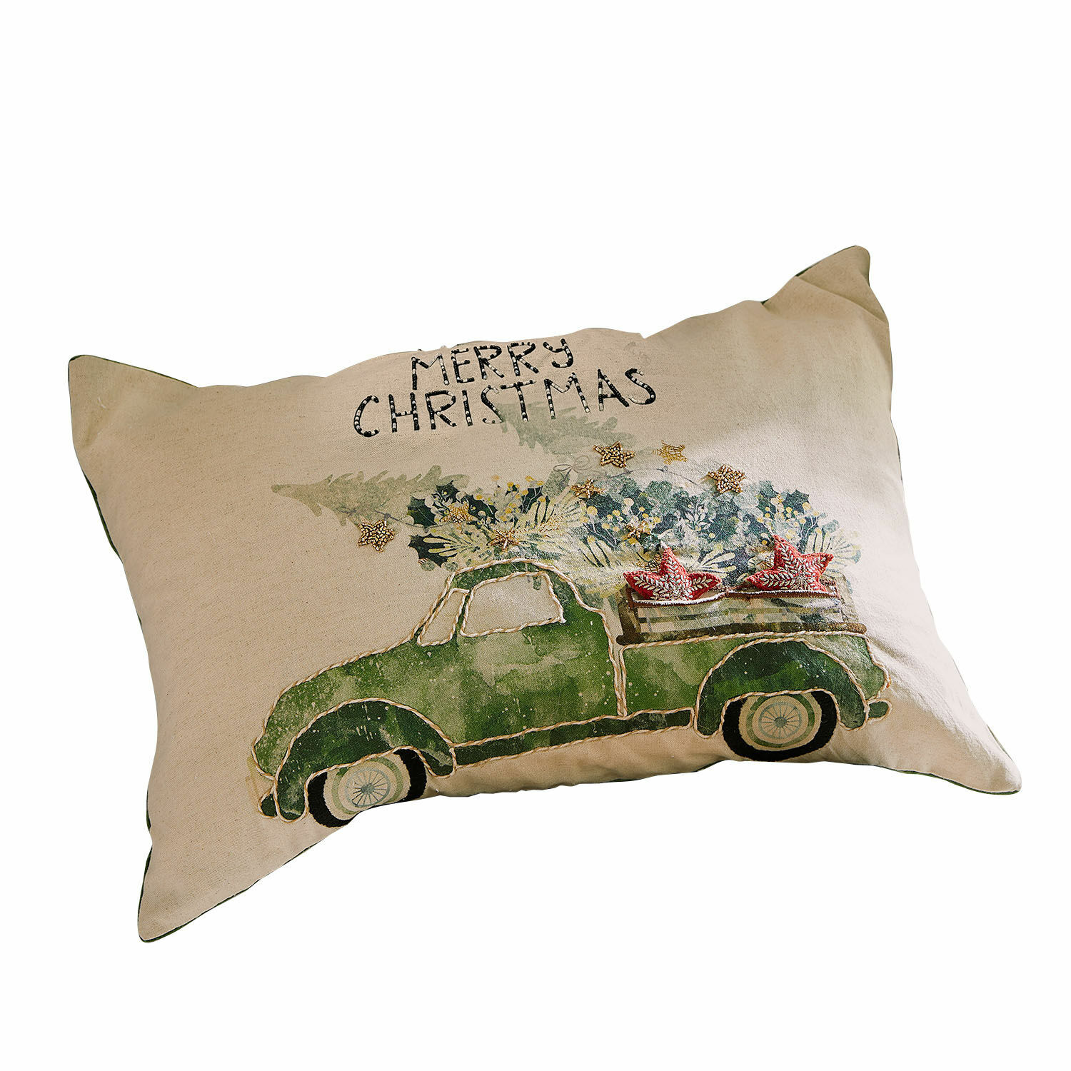 Funda de cojín Malivor Cojín beige con diseño de coche verde y texto Merry Christmas, motivo textil navideño