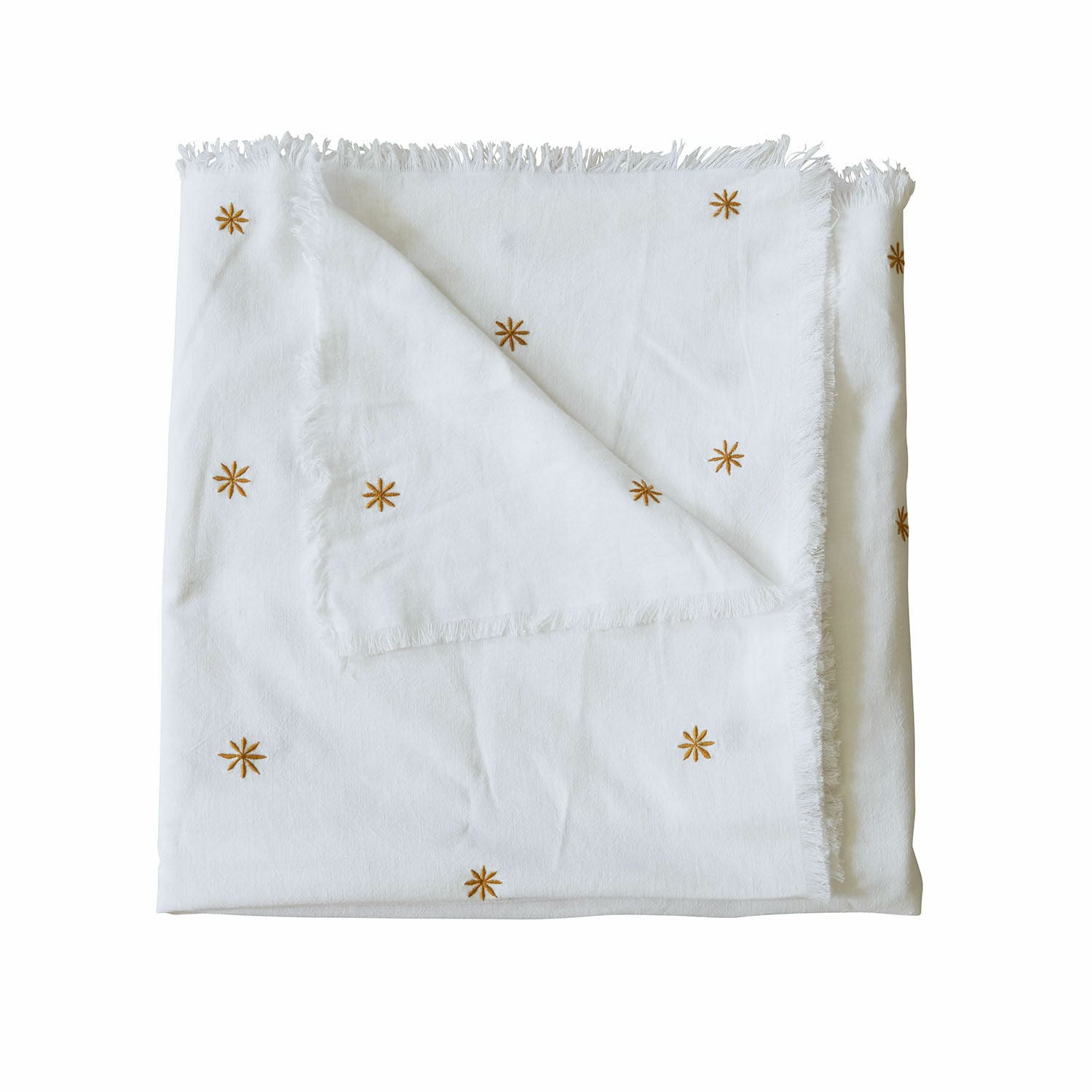 Mantel Fjalara Manta blanca de algodón con estrellas bordadas marrones y flecos, suave y decorativa