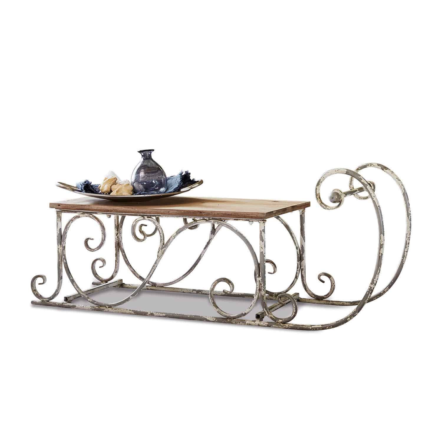 Trineo decorativo Gifur Trineo decorativo de metal con tablero de madera en blanco envejecido para interiores vintage