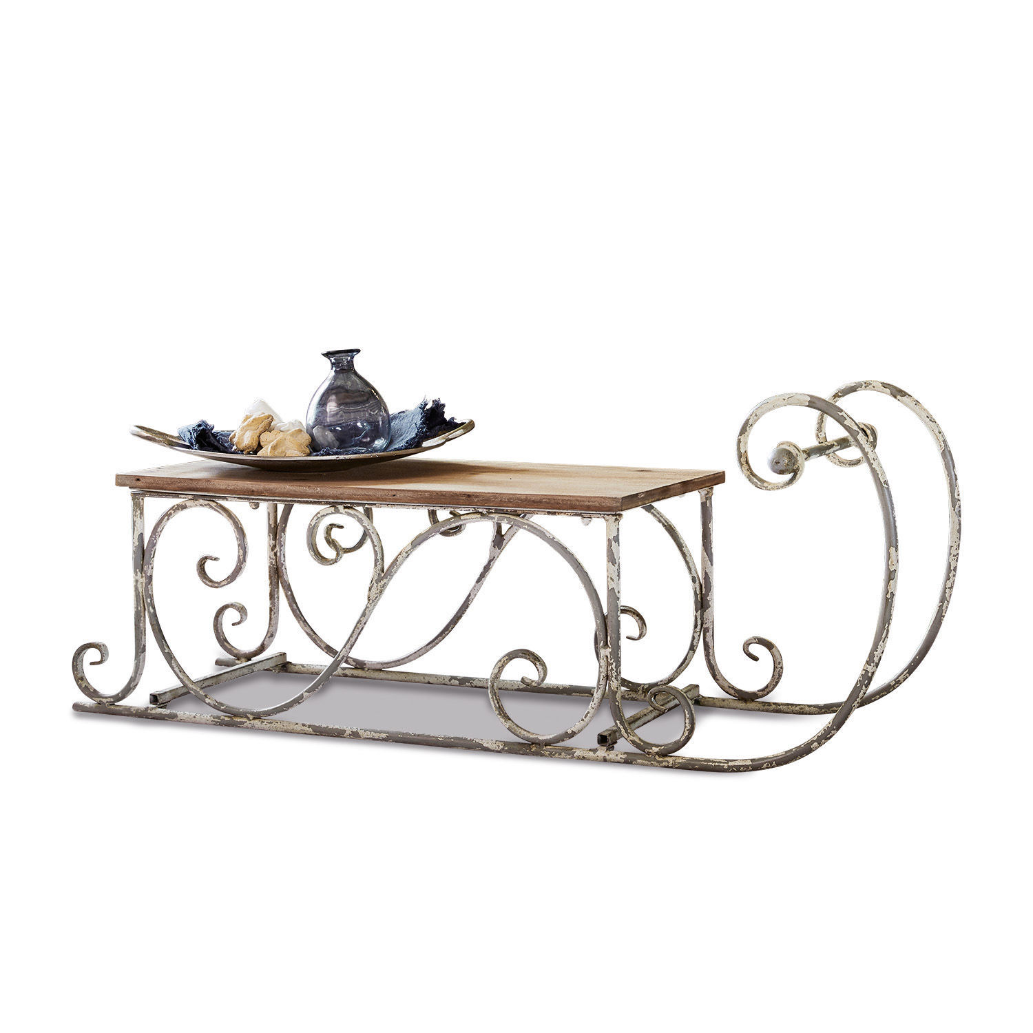 Trineo decorativo Gifur Trineo decorativo de metal con tablero de madera en blanco envejecido para interiores vintage