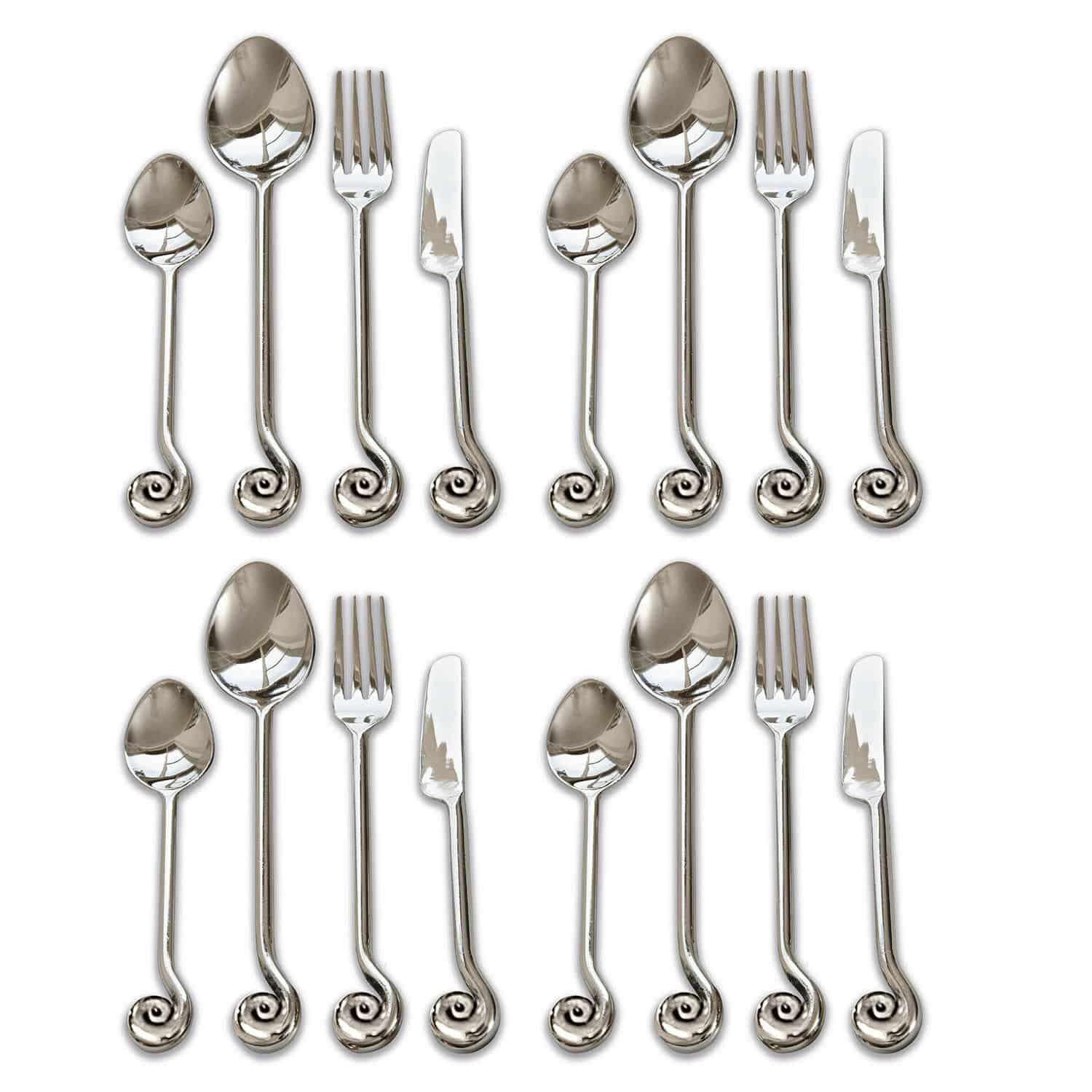 Cubertería Hadley Juego de 16 cubiertos plateados de acero inoxidable con mango en espiral decorativo, diseño elegante