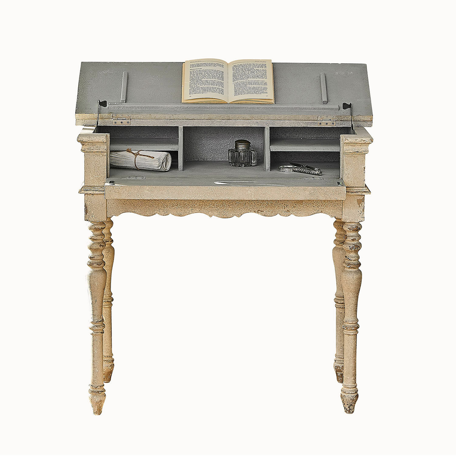 Consola Arterton Escritorio vintage de madera beige y gris con tapa abierta y libro sobre la superficie de trabajo